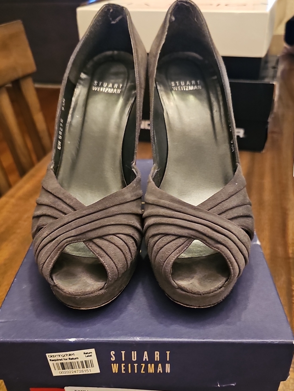 Stuart Weitzman Gray Suede Open-Toe Heels with Draped Straps